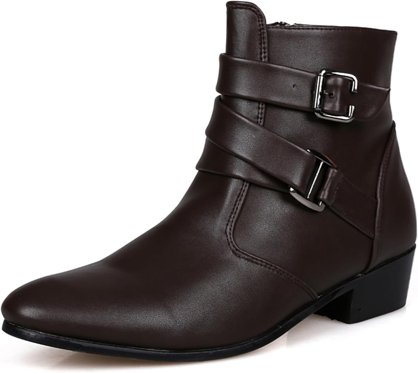 

Мужские ботинки Abborora Челси с заостренным носком, ремешками с пряжками, боковой молнией, массивным низким каблуком, западного стиля, для официального наряда, коричневый