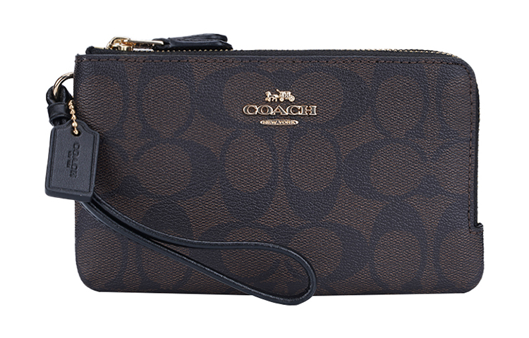 

Кошелек на запястье с угловой молнией из монограммированного холста с кожаными вставками мини женский черно-коричневый COACH