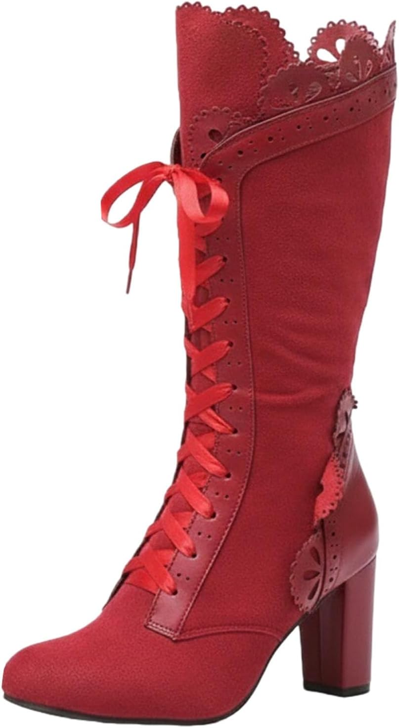 

Женские викторианские ботинки винтажные с шнуровкой 70-х, с рюшами и бантом, готические ботинки, костюмные, на Хэллоуин, ведьмовские, с кубинским каблуком, до середины икры Baxtayel, красный