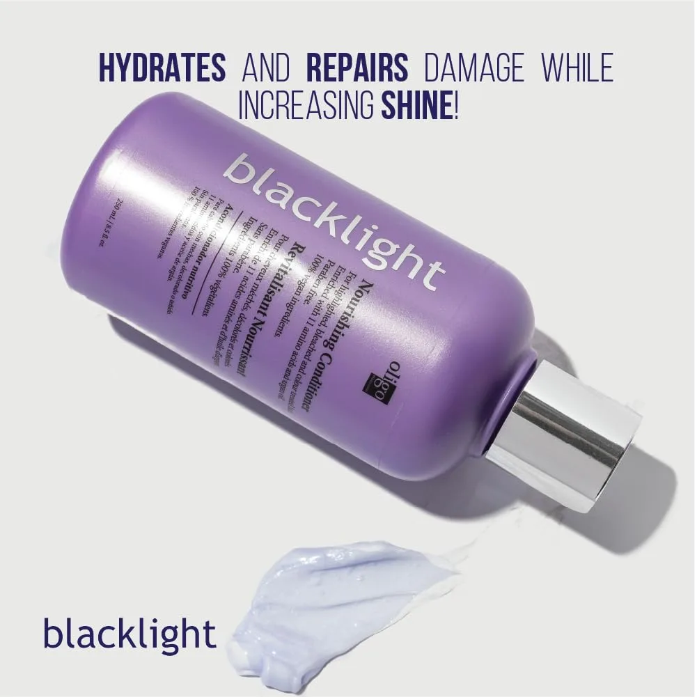 Oligo Professionnel - шампунь и кондиционер Blacklight Nourishing для блонда, без сульфатов, веган, для окрашенных волос, увлажняющая формула с аргановым маслом, набор 2 шт по 250 мл — фото 4