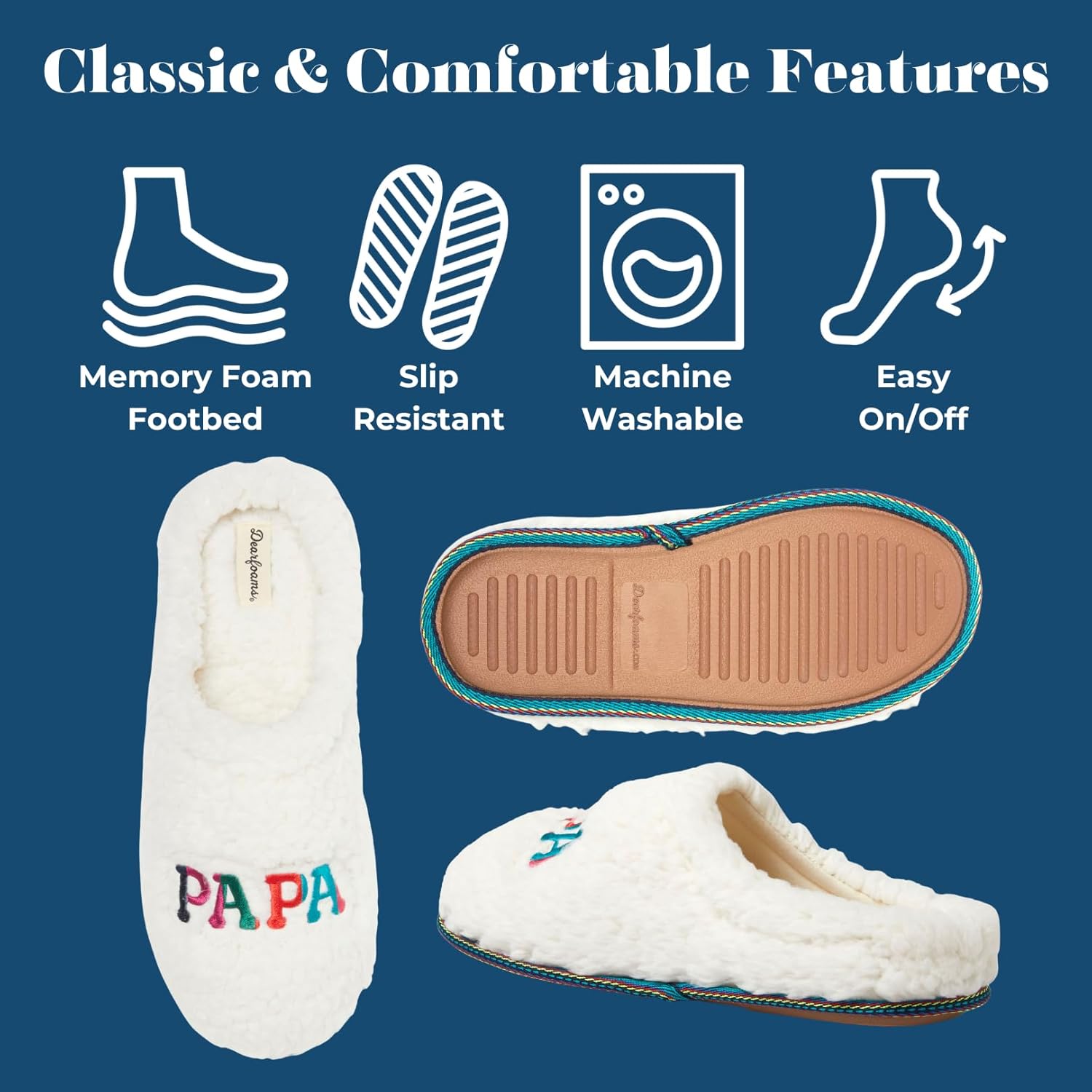 Мужские тапочки Dearfoams Matching Family Holiday Papa Bear с вышивкой, отделка шерпой, модель Moc Toe, белый — фото 4