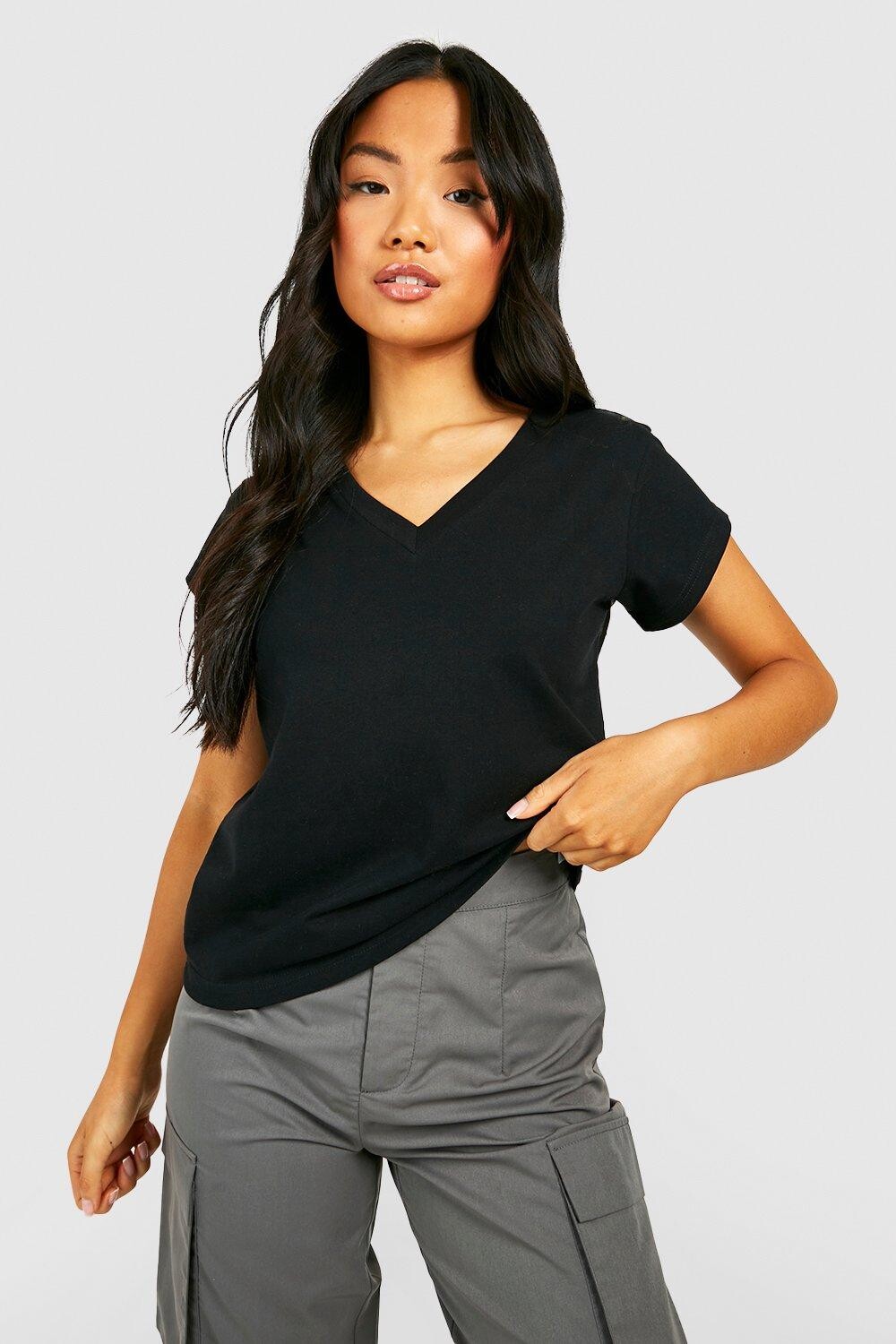 

Хлопковая футболка petite basic с v-образным вырезом Boohoo, черный