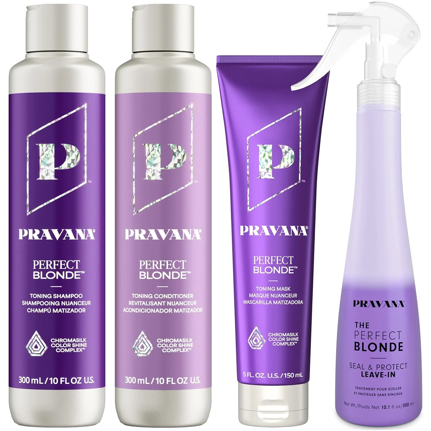 Pravana Perfect Blonde Purple Toning Shampoo, кондиционер, маска и несмываемый уход | Нейтрализует медные и желтые оттенки | Для окрашенных волос | Chromasilk усиливает блеск и защиту | Vegan | 300 мл, yellow
