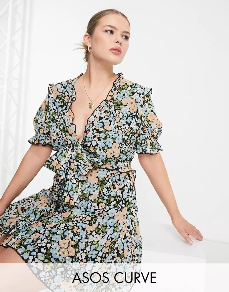 

Платье мини с цветочным принтом и завязками спереди ASOS DESIGN Curve