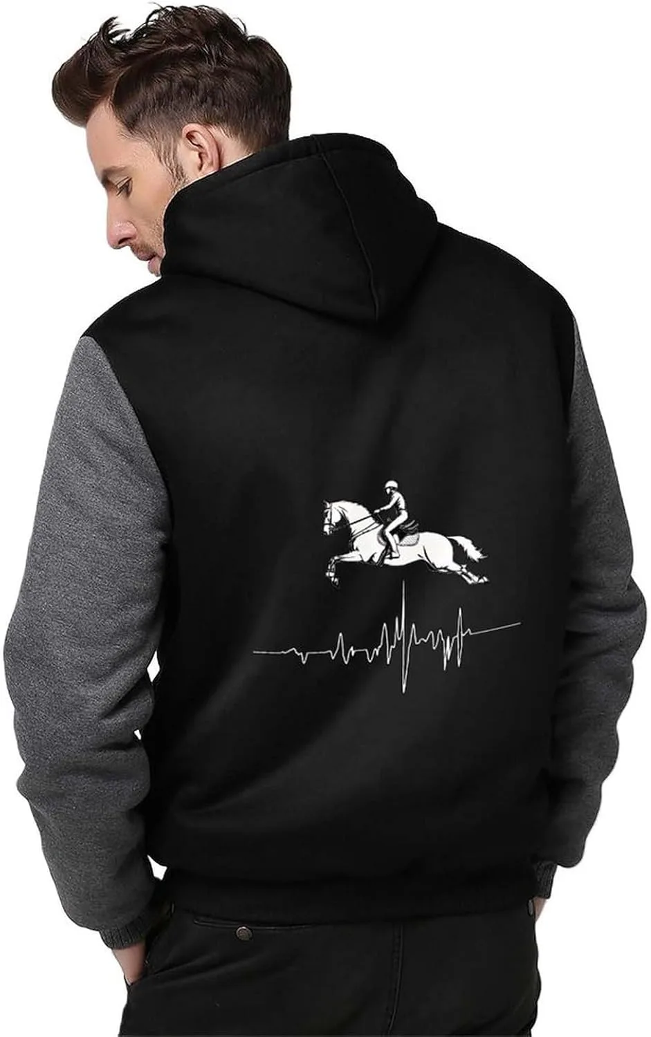 Толстовка с капюшоном Jumping Horse Equestrian Heart Beat, утепленная, из плотного флиса, с карманами, зимняя Generic, серый — фото 2