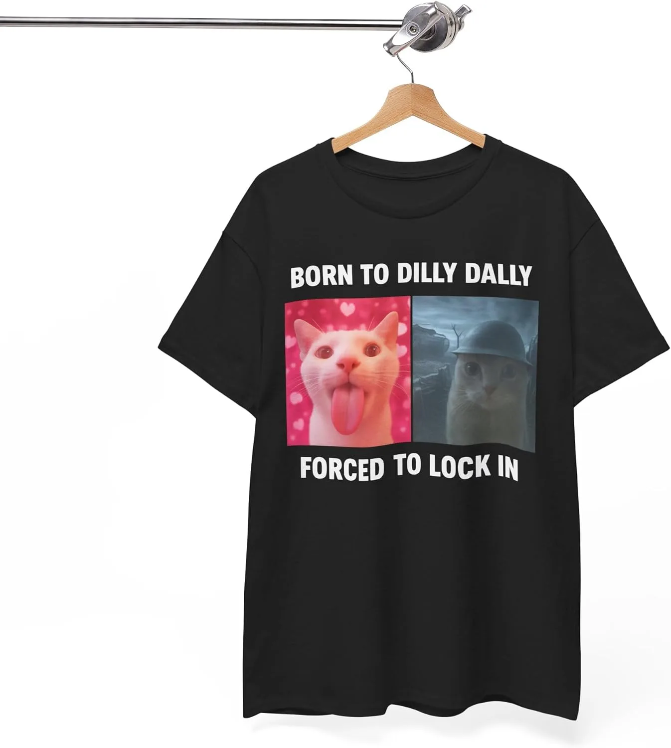 Футболка Born to Dilly Dally Forced to Lock in, с принтом в виде мема про кота, в стиле ироничного юмора Gen Z, вирусная модель в духе Y2K GENERIC, черный — фото 3