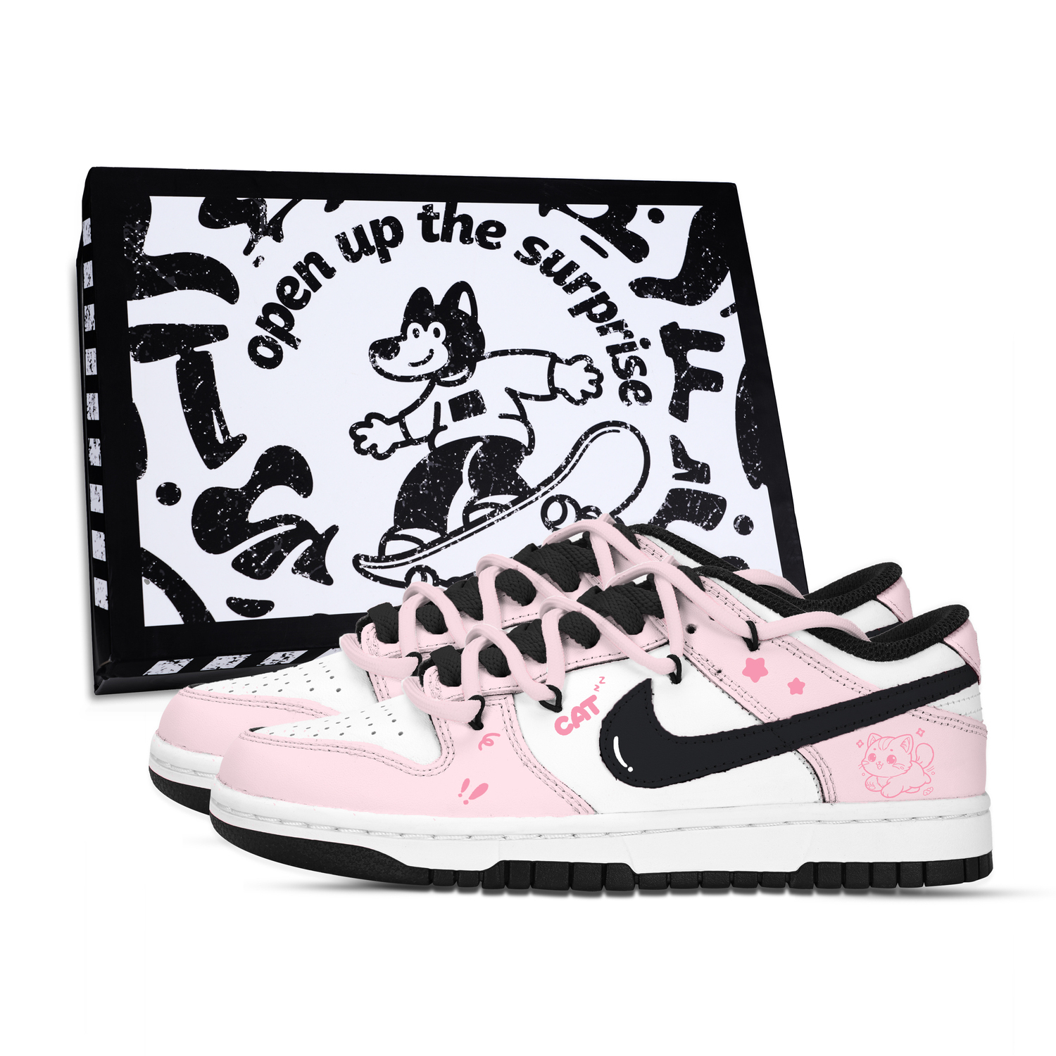 

Nike Данки Стар Чейзинг Пинк Кэт противоскользящие устойчивые к истиранию лоу-топ скейтборд кроссовки унисекс розовый белый черный, цвет Pink White Black