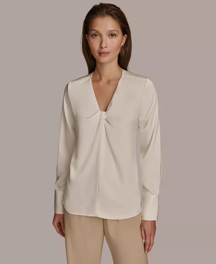 

Женский топ с V-образным вырезом и длинными рукавами Donna Karan New York, слоновая кость/кремовый