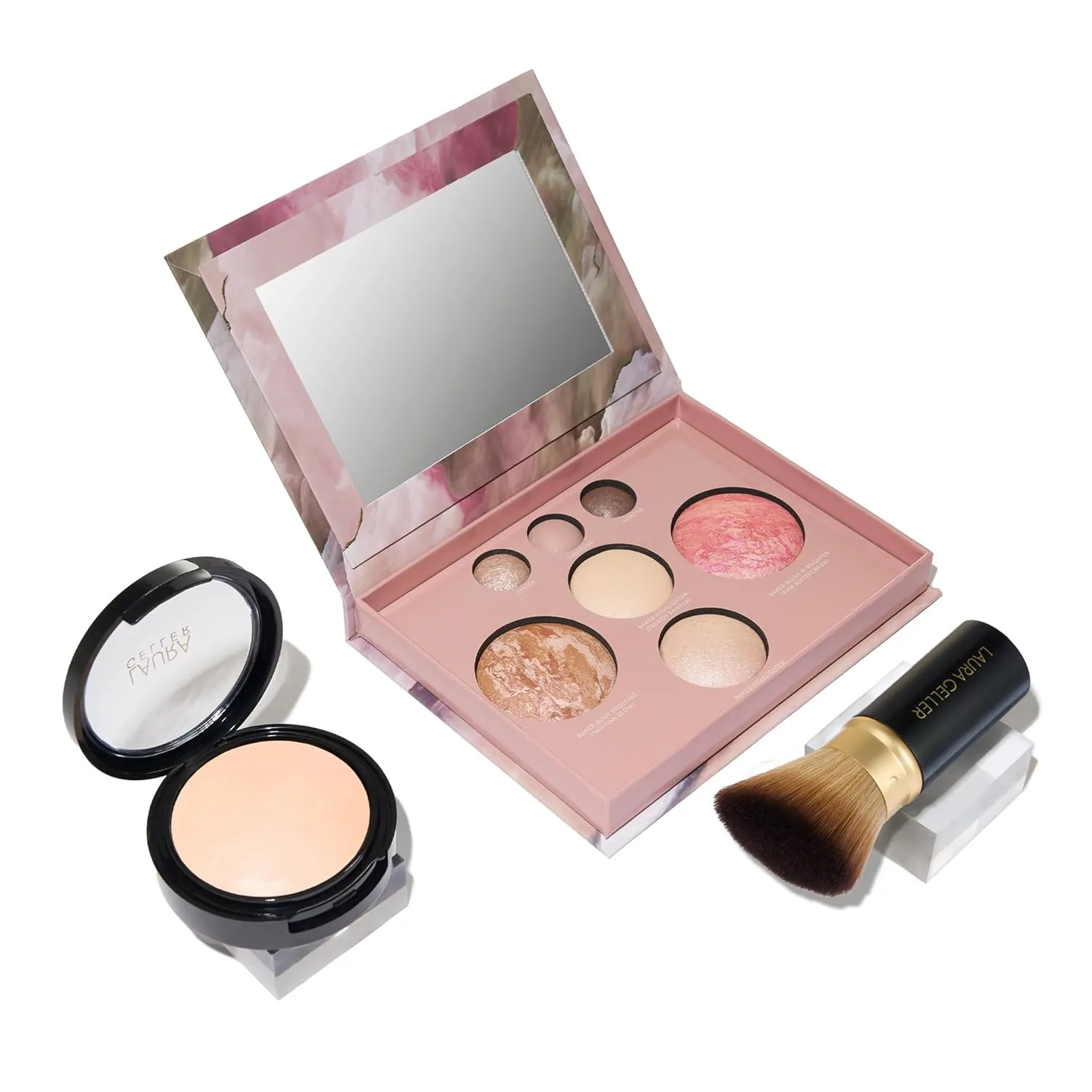 LAURA GELLER NEW YORK Matte Baked Starter Kit - полное покрытие: пудра Double Take Powder Foundation, Porcelain и палитра Best of the Best Face Palette с кистью Retractable Angled Kabuki Brush, Porcelain