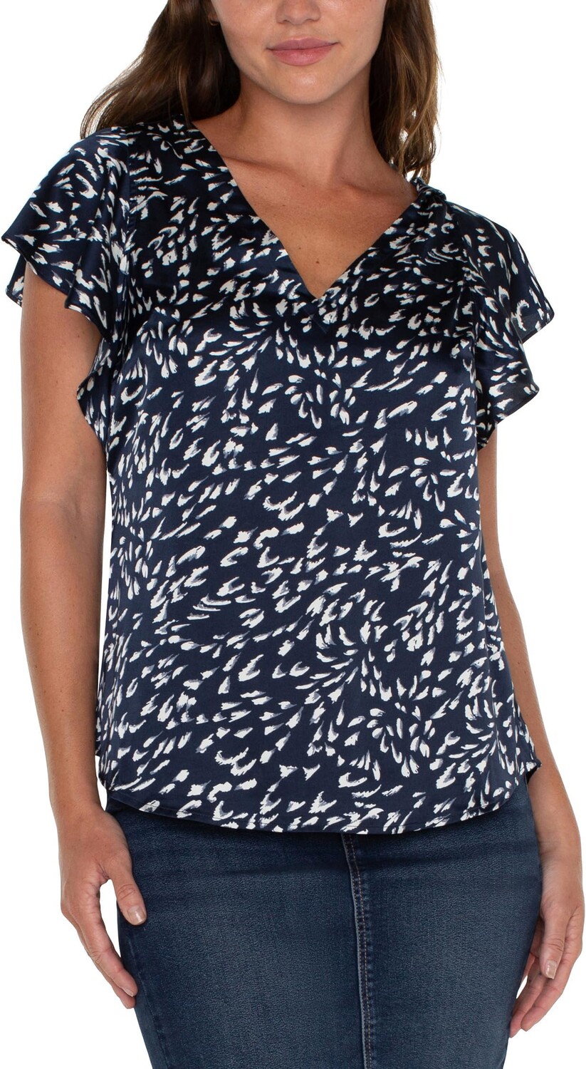 

Топ Liverpool Los Angeles Double V-Neck Flutter Sleeve Stretch Satin Top, цвет Navy Multi Prnt