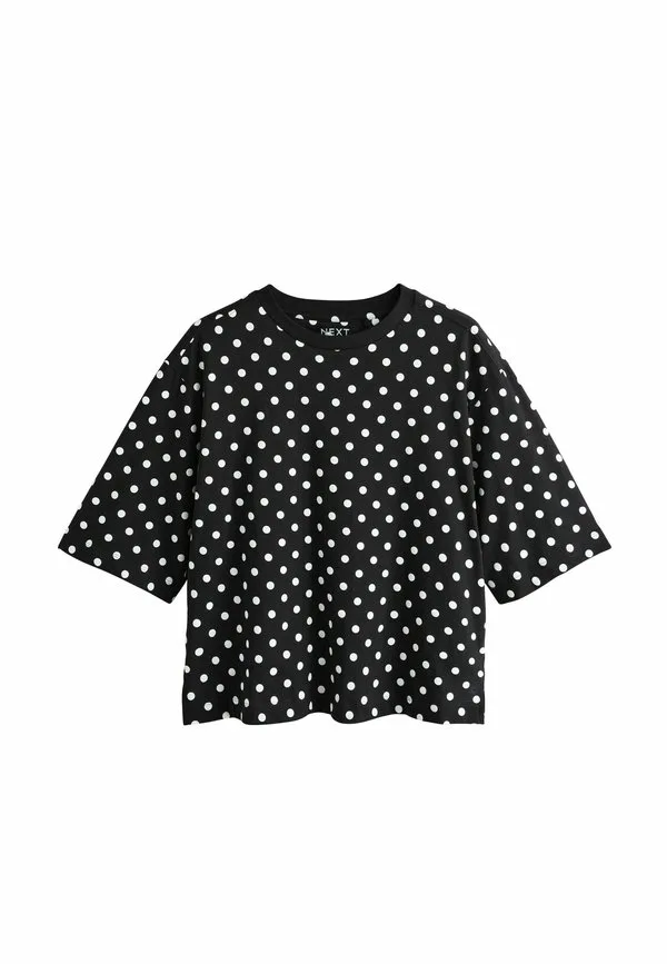 Свободная футболка свободного кроя с круглым вырезом и длиной до локтя. Next, Black White Polka Dot — фото 3
