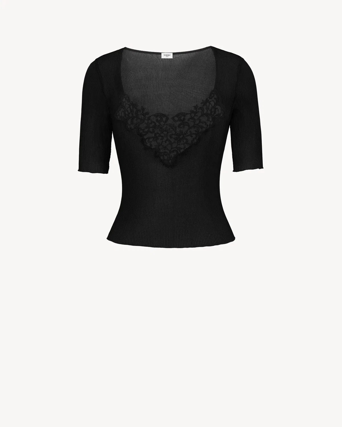 Гипюровый топ из ребристого шелка Saint Laurent, черный
