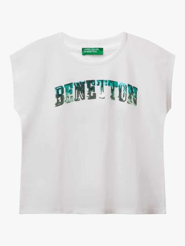 

Детская футболка без рукавов с блестками и вышивкой Benetton, Optical White