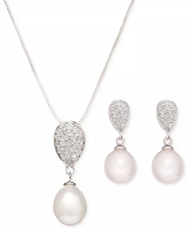 

Ожерелье и серьги-подвески из культивированного пресноводного жемчуга барокко (8x8-1/2 мм) и кубического циркония, выполненные из стерлингового серебра. Macy'S, silver