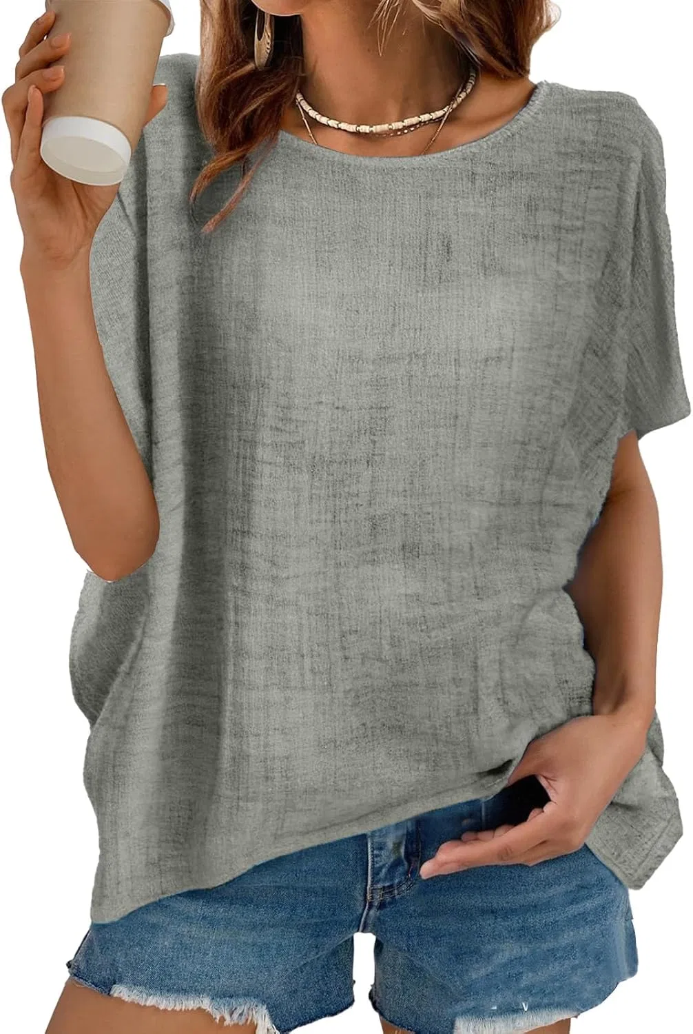Блуза женская с коротким рукавом, хлопковая, свободного кроя, Grey