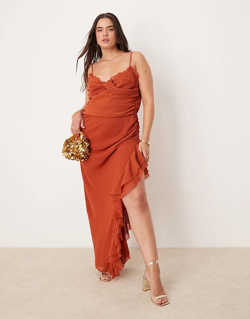 

Платье макси ASOS DESIGN Curve с драпировкой из жатого цвета с оборками и бретельками