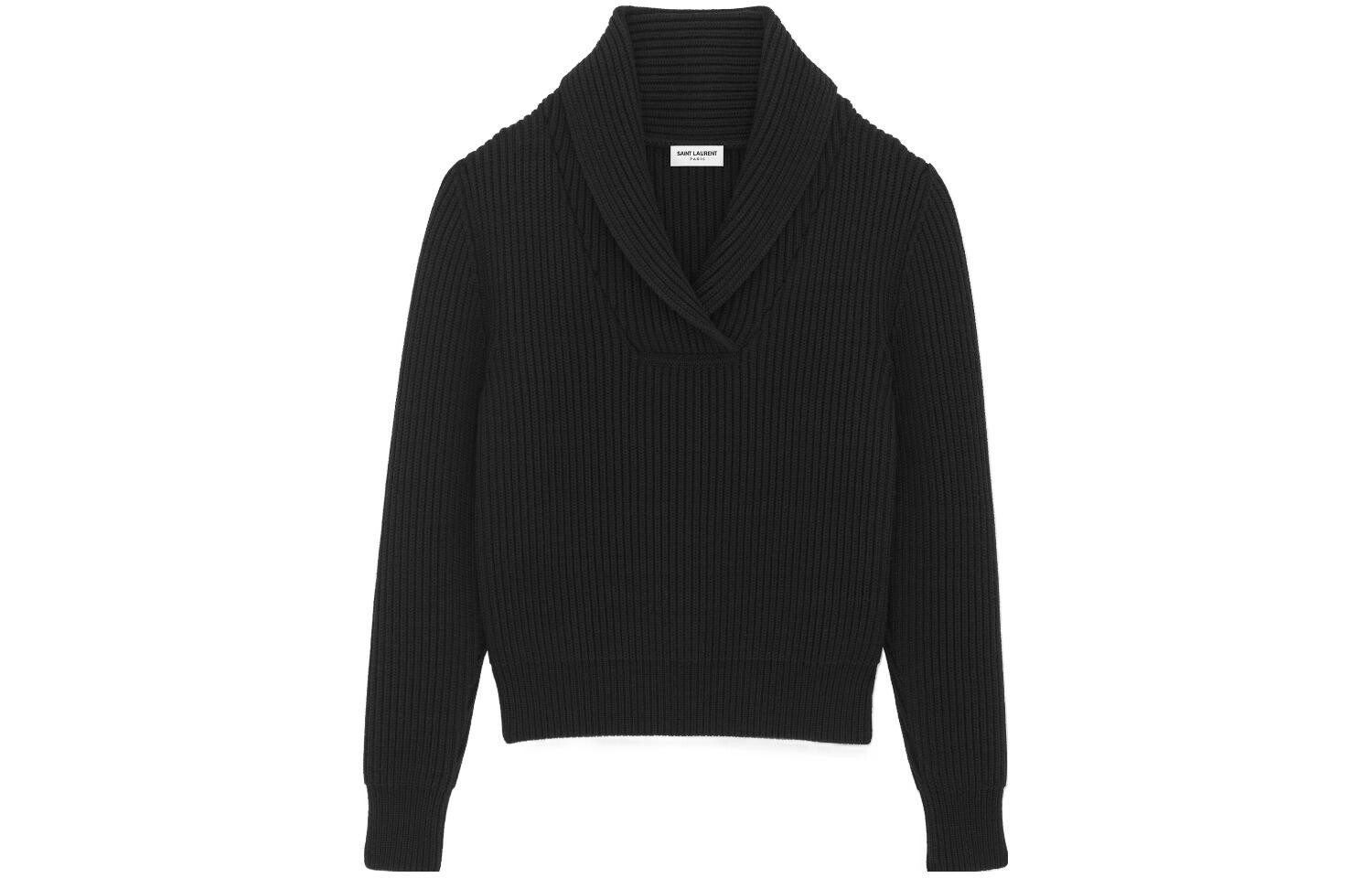 

FW23 Мужской свитер с шалевым воротником из ребристой шерсти черного цвета Saint Laurent, черный
