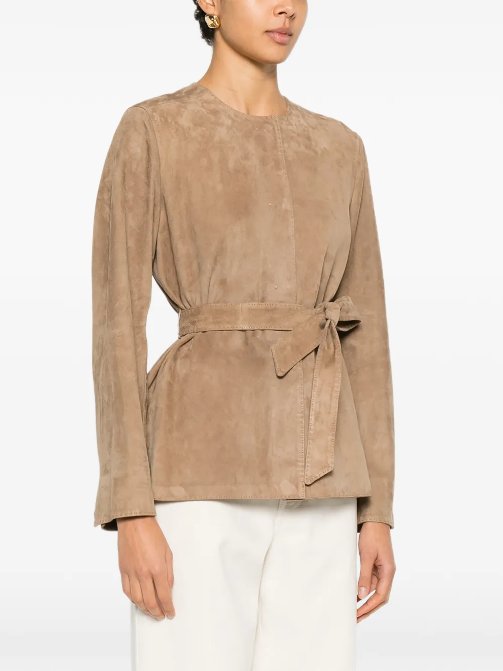 Замшевая кожаная куртка с поясом Max Mara, коричневый — фото 3