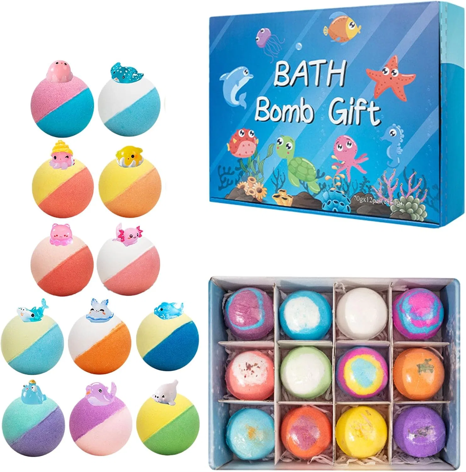 Бомбочки для ванны с игрушками внутри, морская тематика, 12 шт. Jeeeun