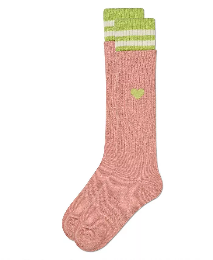 Детские ребристые носки до колена "Heart and Stripes" из хлопкового микса Memoi, розовый — фото 3
