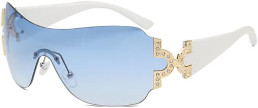 

Солнцезащитные очки One Piece UV400 с защитой от ультрафиолета, без оправы, футуристические солнцезащитные очки обтекаемой формы, металлические солнцезащитные очки с бриллиантами PUB, White Frame Gradually Blue Flakes