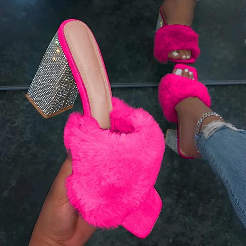 HOTRA Women Fluffy Chunky Heel Slippers with Rhinestone Open Toe Slip On Сандалии Shoes (Color : Rose Red, Size : 12 US), розовый — фото 4