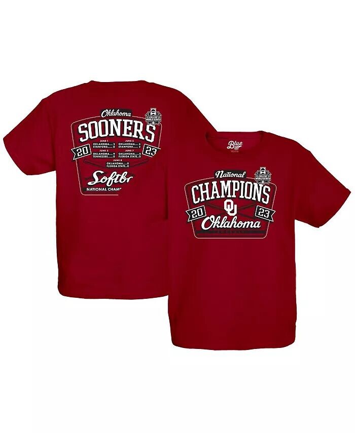 

Футболка Big Boys Crimson Oklahoma Earlys 2023 NCAA по софтболу, женская футболка с расписанием чемпионов Мировой серии среди колледжей Blue 84