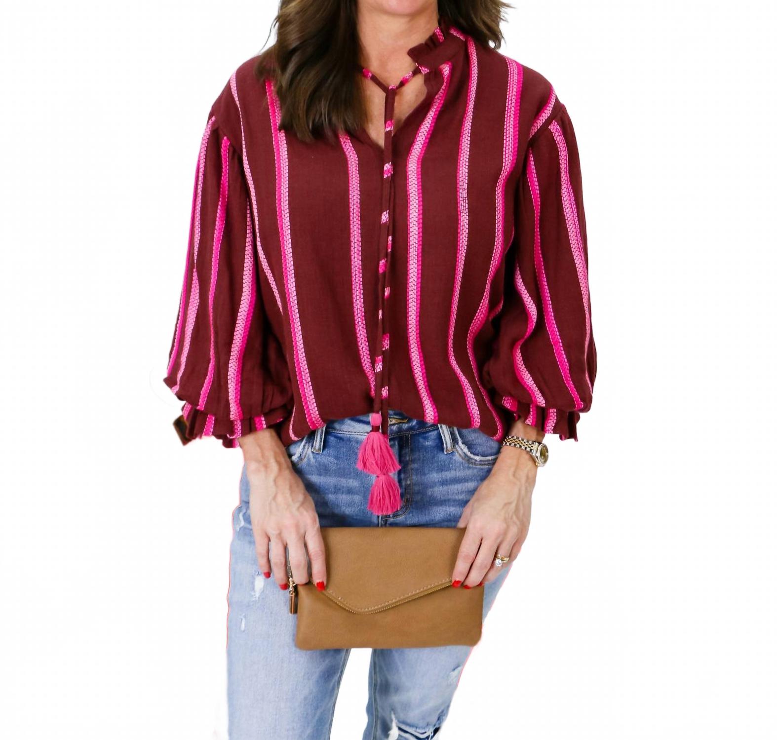 

Винный топ с полосками и рукавами-фонариками Ivy Jane, Wine