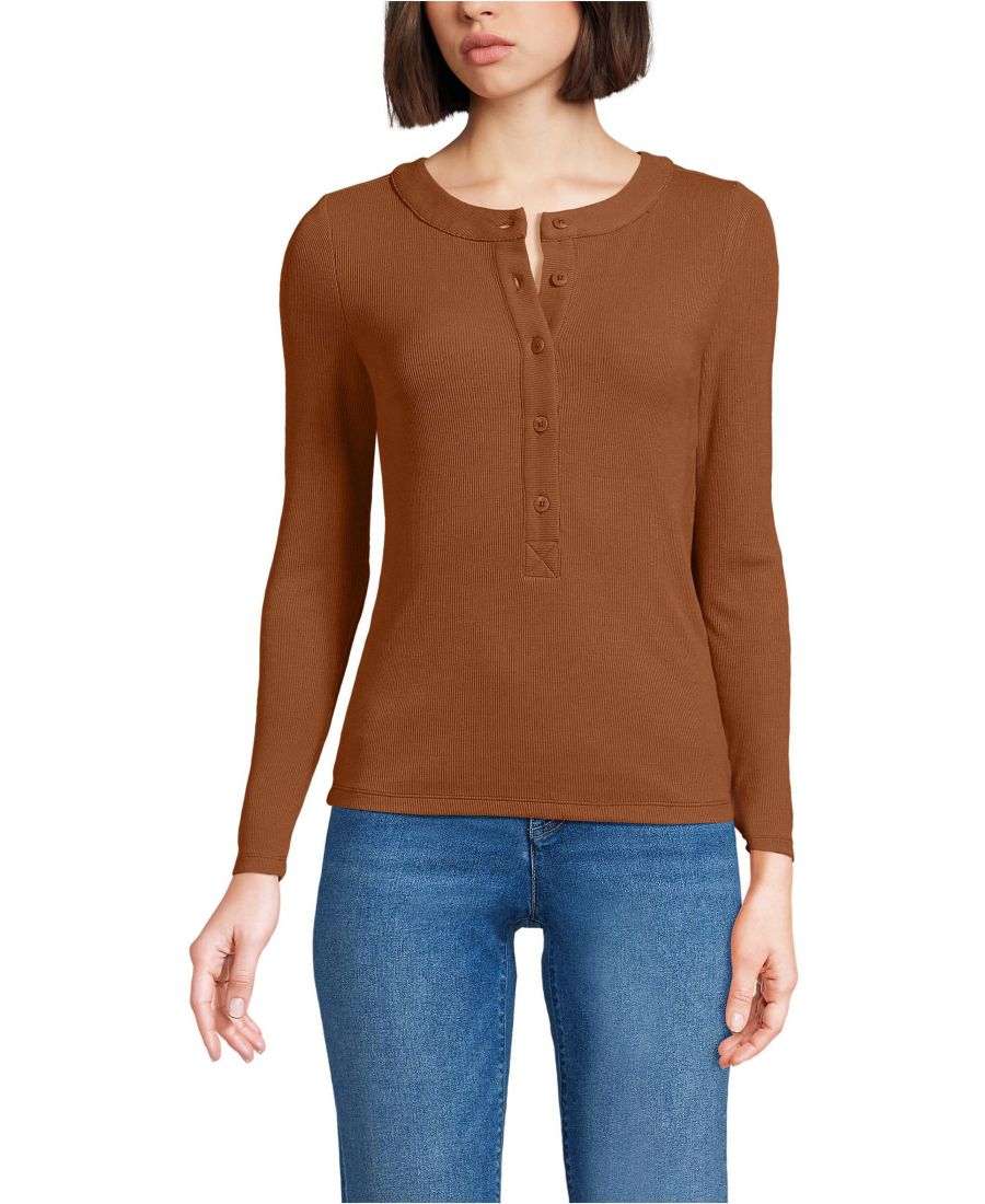 

Женская облегающая футболка-поло с длинными рукавами и струящейся ребристой текстурой Lands' End, Rich ginger brown