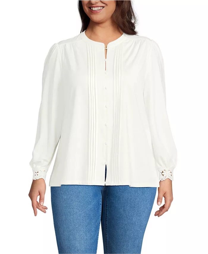 

Плюс сайз легкая трикотажная блуза с длинным рукавом и застежкой на пуговицы с защипами спереди Lands' End, слоновая кость/кремовый