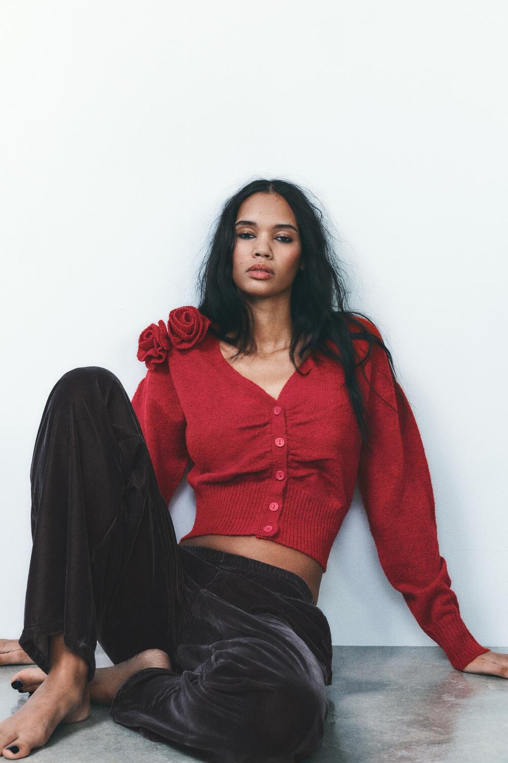 

Кардиган с цветочным вязанием ZARA, красный