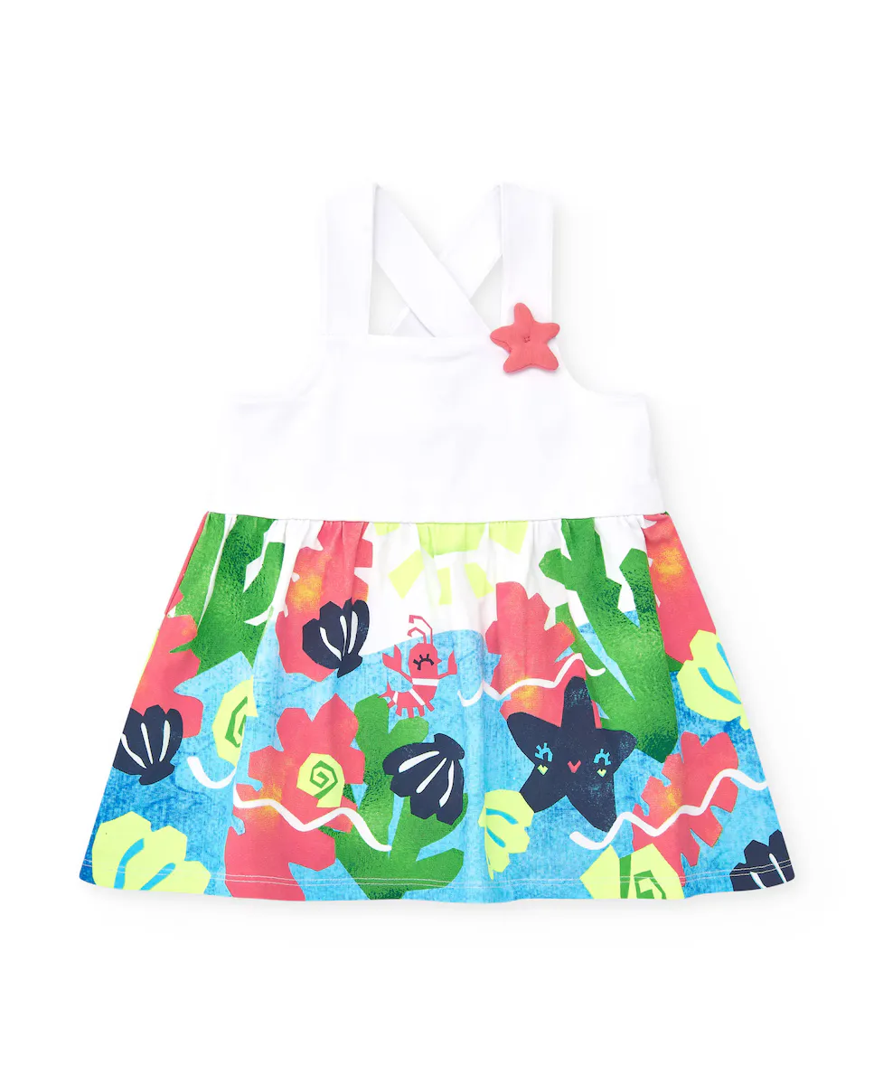 

Белое платье для девочки на перекрещенных бретелях и юбке с цветочным принтом Tuc tuc, белый