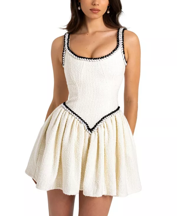 

Мини-Платье из твида кокобукле с V-образным вырезом на талии Miss Circle, белый