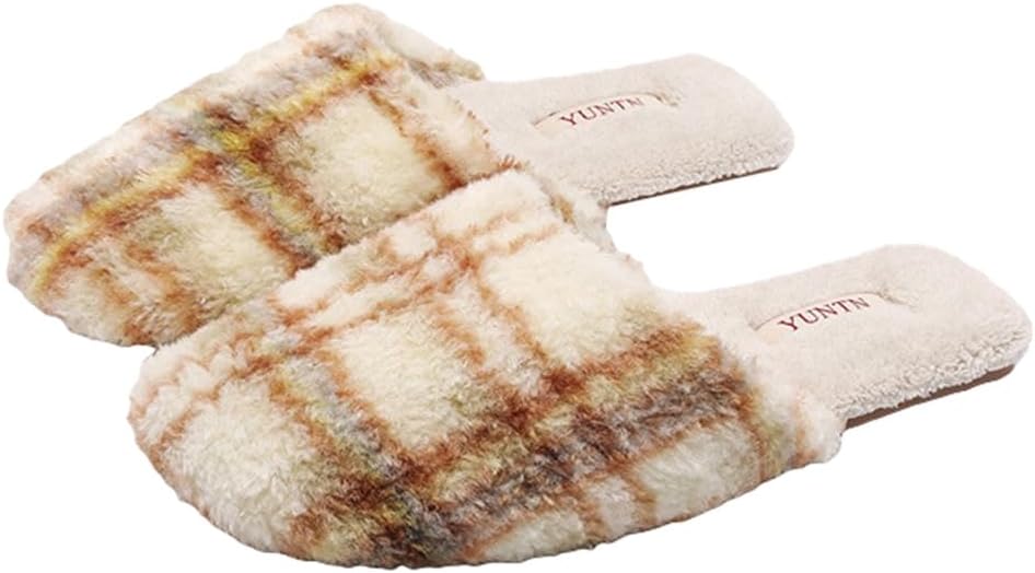 

Женские и мужские босоножки Yafirgeer в клетку, высококлассные роскошные тапочки с флисовой подкладкой, элегантные нескользящие домашние туфли для дома и улицы, бежевый