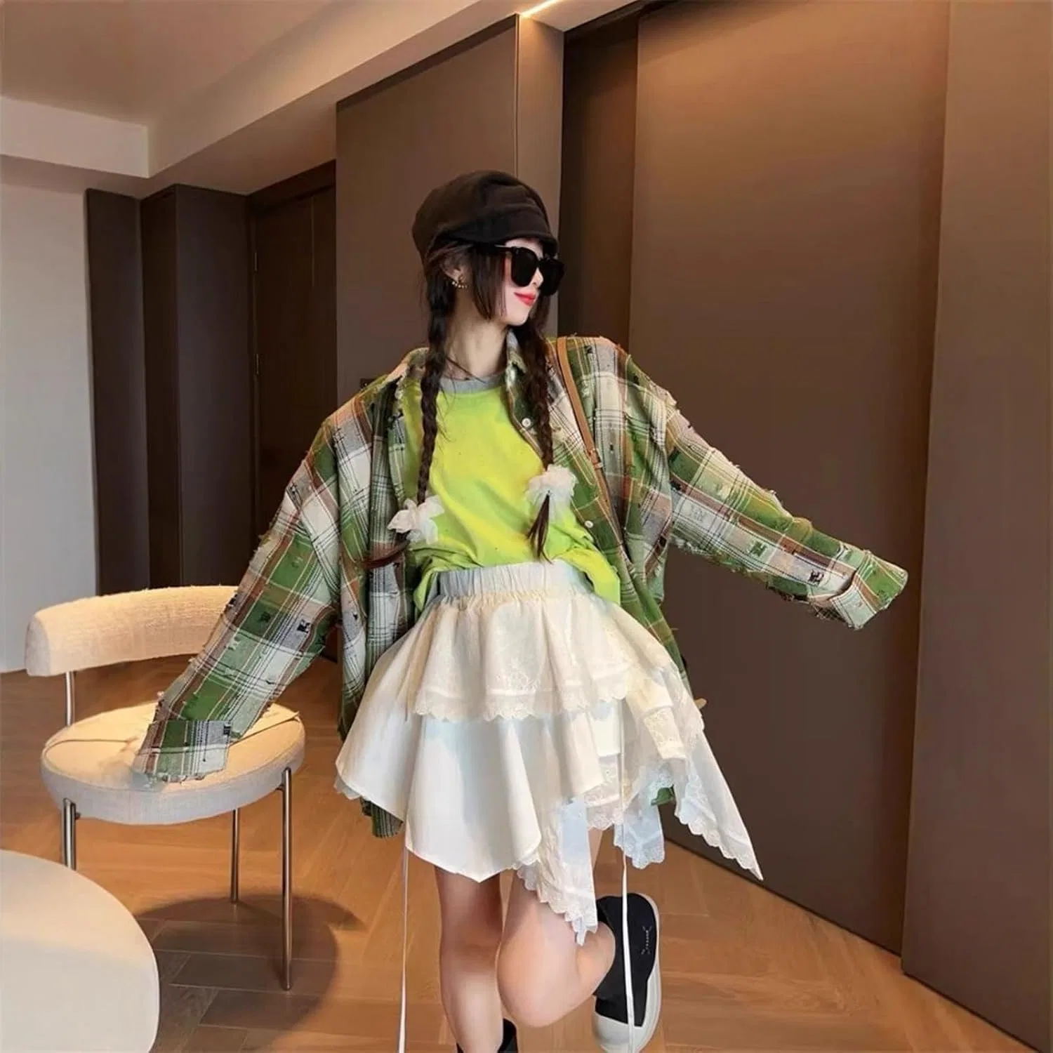 Рубашка женская в клетку с потертостями, Vintage Plaid Long Shirt, зеленый — фото 4