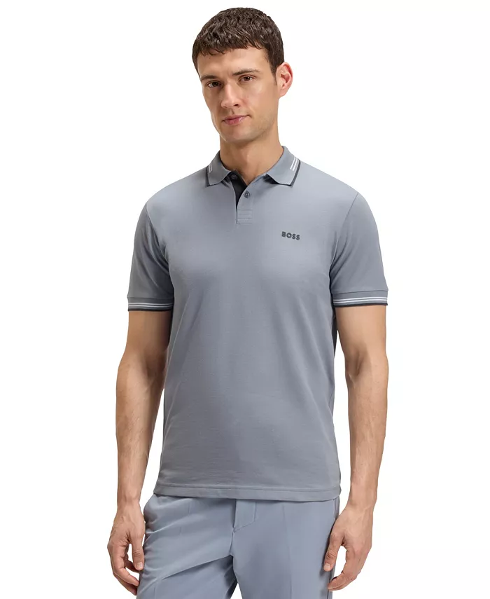 

Мужская облегающая поло из хлопка с добавлением эластана Hugo Boss, серый