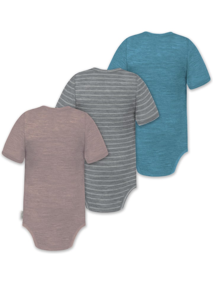 Normani Outdoor Sports Комплект из 3 унисекс комбинезонов-боди с короткими рукавами и пуговицами из мериносовой шерсти для младенцев, синего, серого и розового цвета — фото 2
