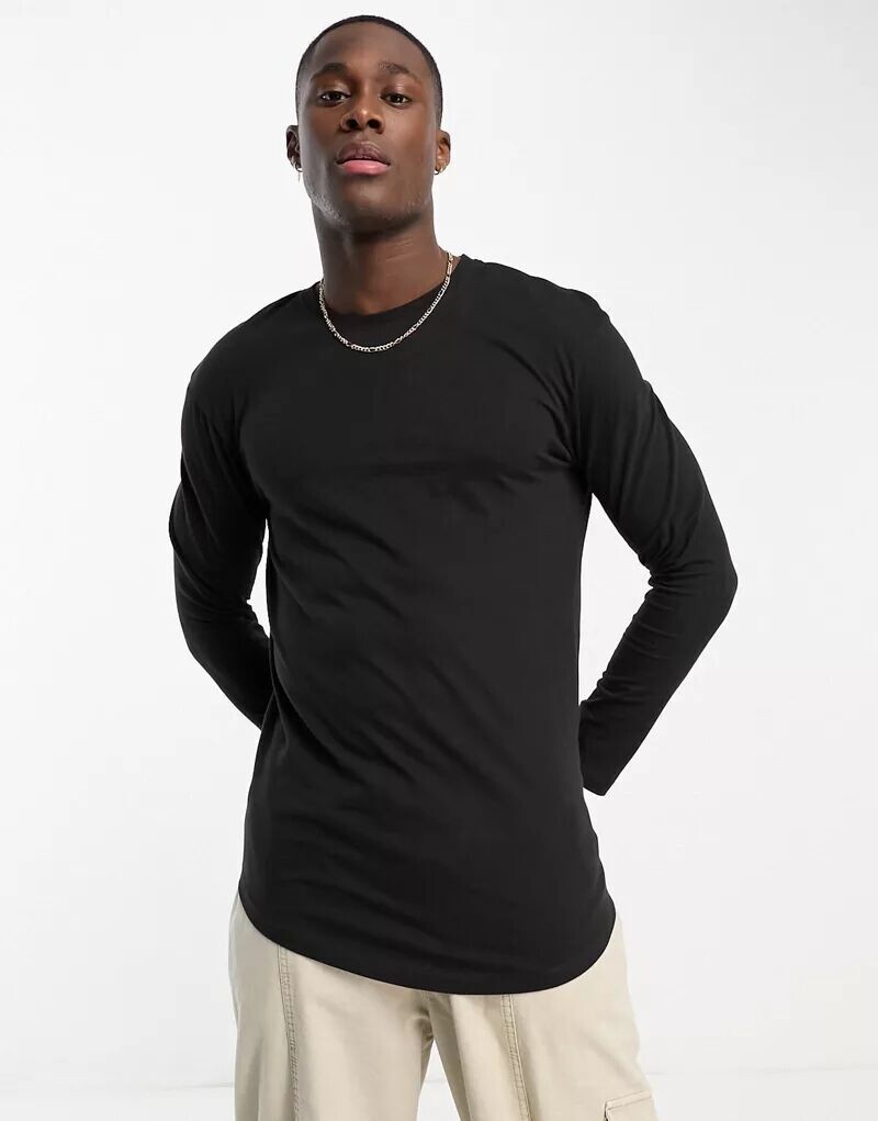 

Черная удлиненная футболка с изогнутым краем Jack & Jones Essentials