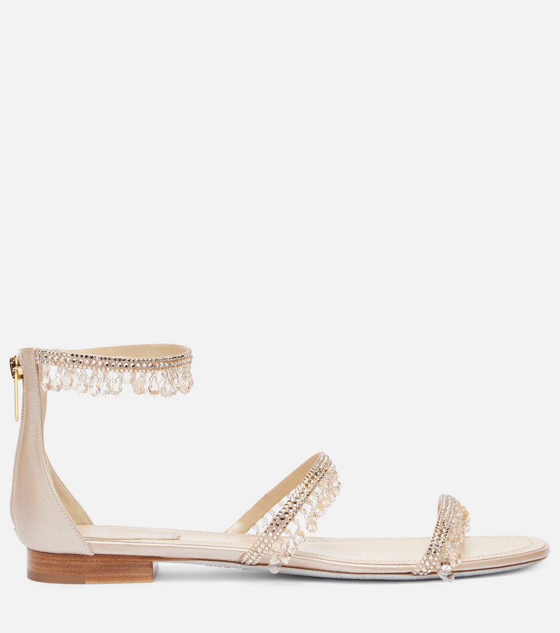 Сатиновые босоножки с украшением в виде люстры Rene Caovilla, Beige Satin/Gold — фото 4
