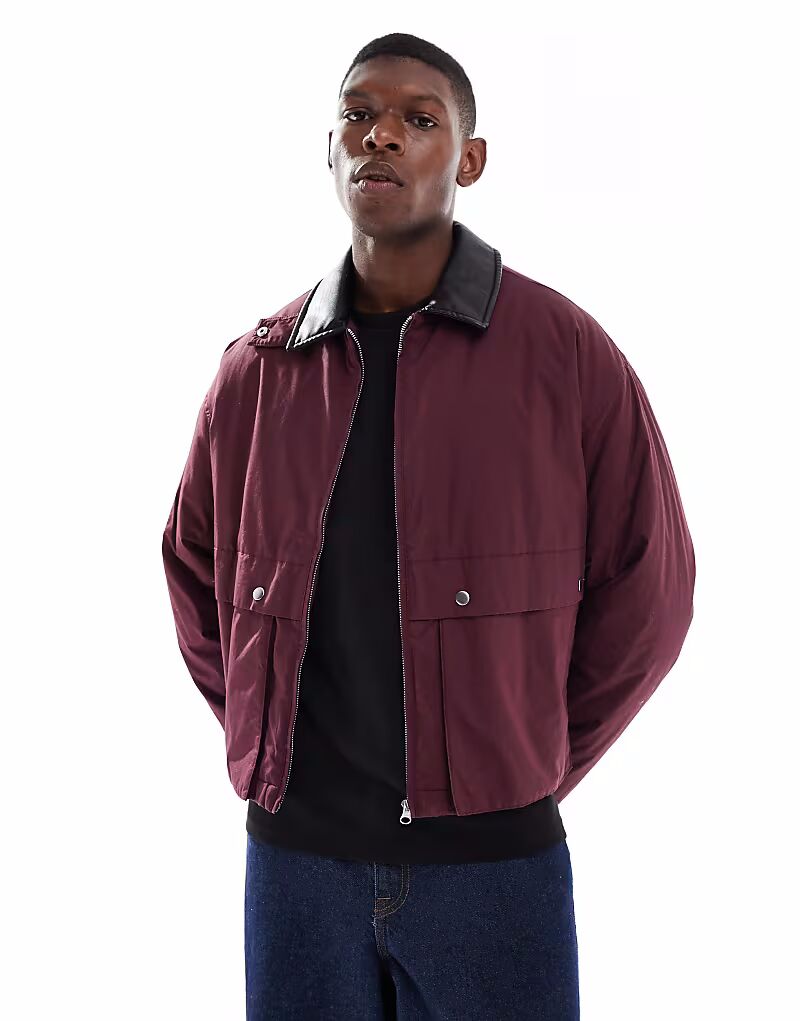 

Куртка Харрингтон с воротником из искусственной кожи бордового цвета Asos Design