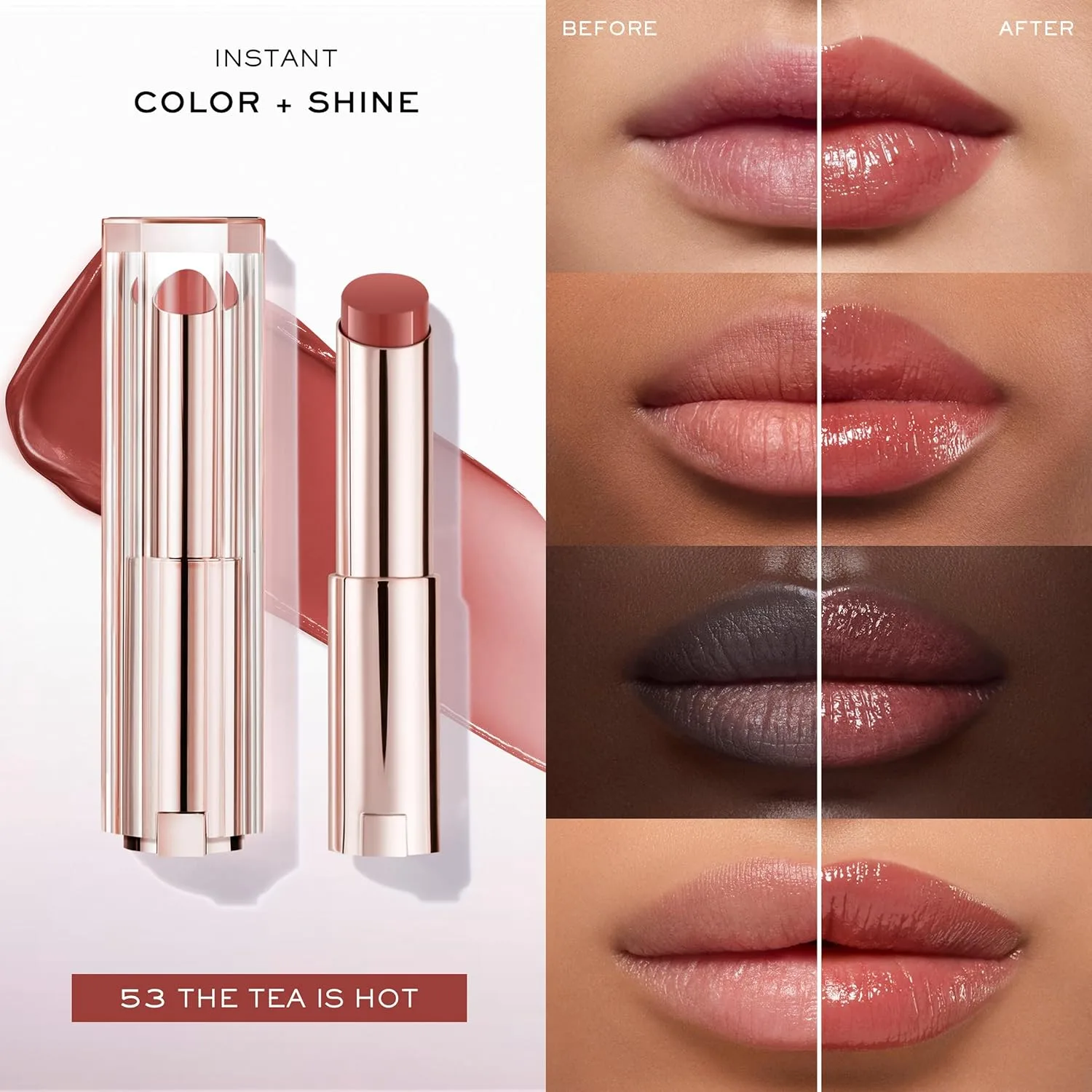 Увлажняющий бальзам для губ Lancôme Lip Idôle Squalane-12 Butterglow - мгновенный блеск, 24-часовое увлажнение и регулируемая интенсивность цвета для гладких и увлажненных губ., 53 THE TEA IS HOT (Warm Rosy Brown) — фото 3