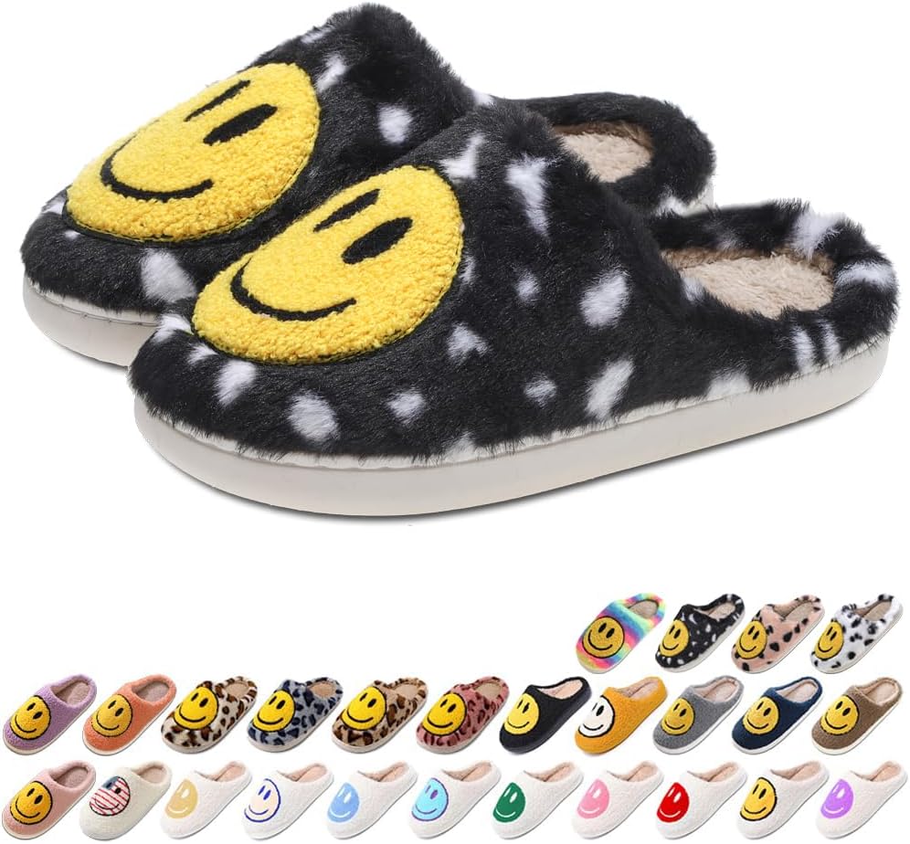 

Домашние тапочки AIMINUO для женщин и мужчин, ретро стиль, с улыбкой, мягкие и теплые плюшевые тапочки на молнии, удобная зимняя обувь для дома, с мягкой подушкой, противоскользящие и пушистые, черный