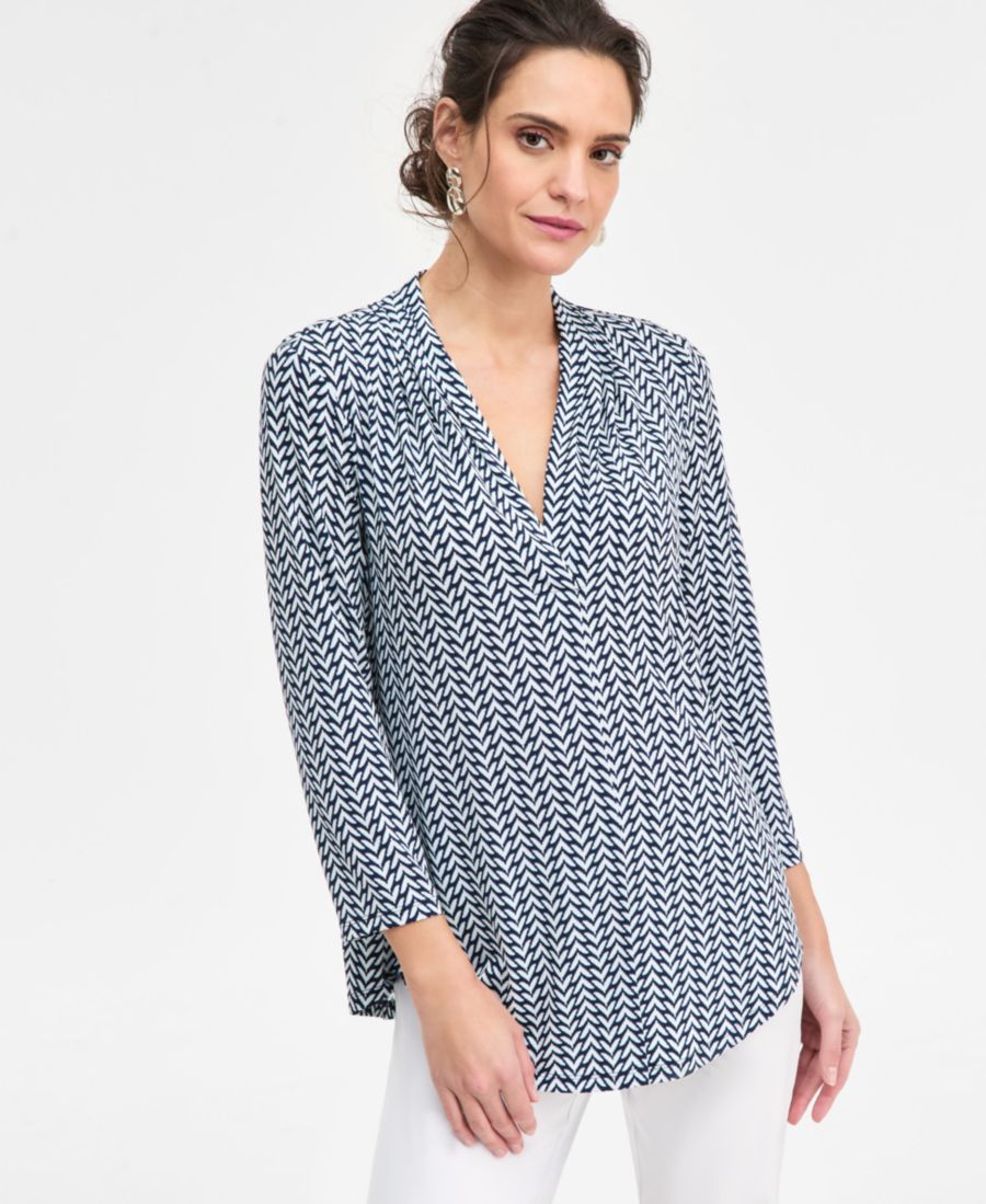 

Женская трикотажная блузка с принтом, рукавами 3/4 и V-образным вырезом JM Collection, Intrepid Blue Combo