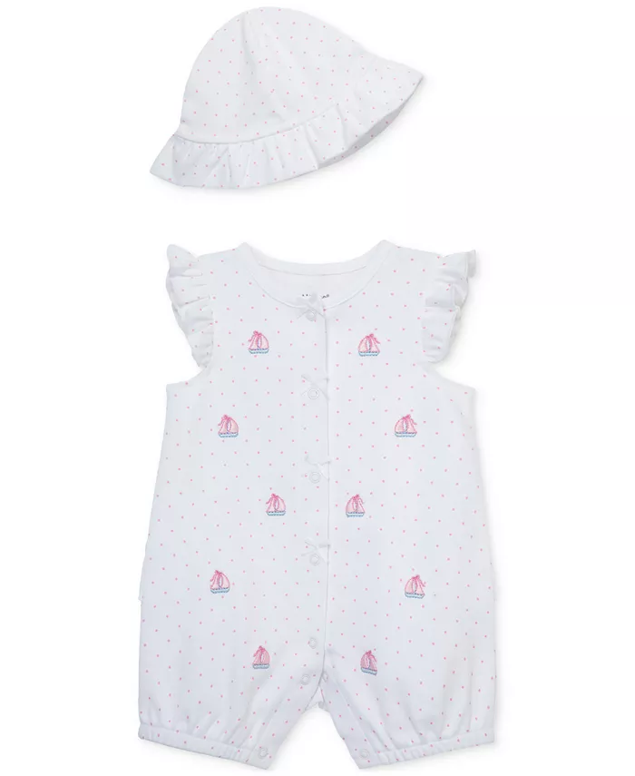 

Детский комплект для девочки: хлопковый комбинезон с якорями и шапочка, 2 предмета Little Me, белый