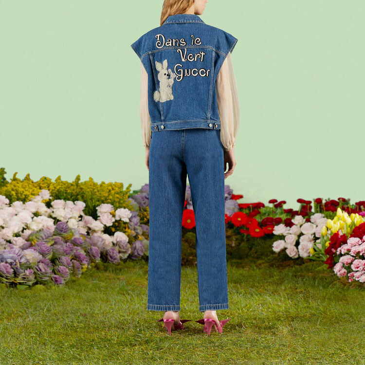 Джинсы женские Gucci с китайским новогодним принтом, оригинальный крой, синий — фото 3