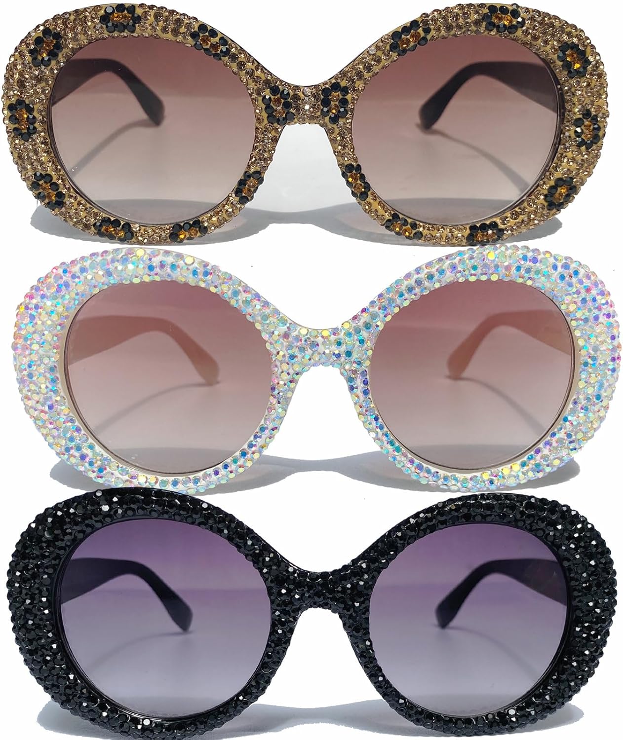 

Круглые солнцезащитные очки со стразами для женщин и девушек, блестящие, бриллиантовые, для вечеринок, большие, модные, сверкающие, в стиле панк mincl, 3pcs-champagne&black&brown