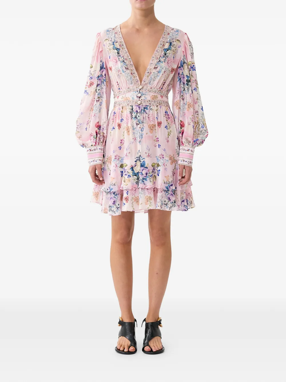 

Серединное платье с цветочным принтом и оборками на пуговицах Camilla, розовый