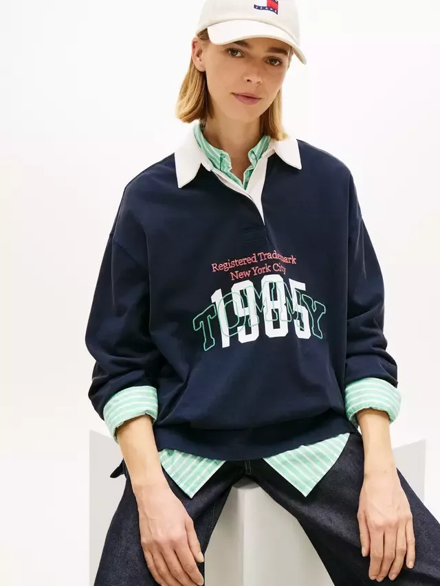 Футболка для регби оверсайз с логотипом, темно-синяя Tommy Hilfiger — фото 4