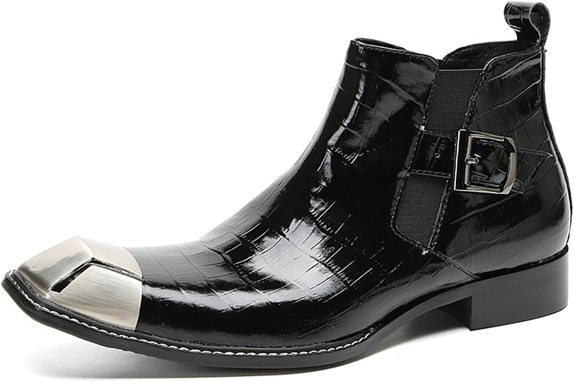 

Мужские повседневные ботинки Santimon Chelsea, черные кожаные с металлическим квадратным носком, на вечеринку, слипоны в ковбойском стиле, модные западные чукка-бутсы