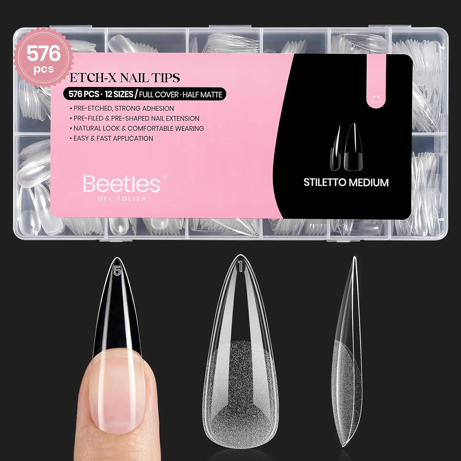 Накладные ногти Beetles Gel Nail Tips Stiletto Medium Etch-X, 576 шт. Beetles Gel Polish, Stiletto Medium 576 Pieces